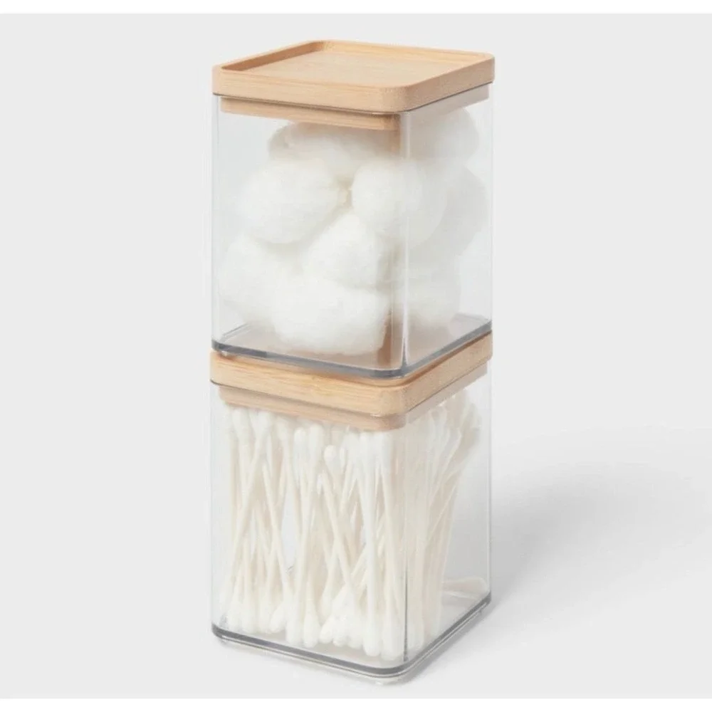 Minimalist Extra Small Clear Vanity Canister Bamboo Lid 2pk Stackable Brightroom